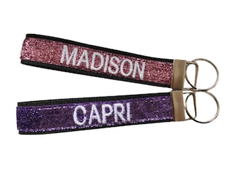 Personalized Glitter Keychain Wristlet, Custom Key Fob