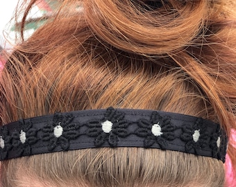 Black Daisy Flower Headband Women, Choice of Size, Nonslip Headbands for Women, Womens Floral Headband Boho Hair Accessories