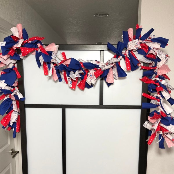4th of July Decor Decorative Garland, 6 or 12 ft long, Fourth of July Garland for Mantle, Red White and Blue Garland Decor Rag Garland
