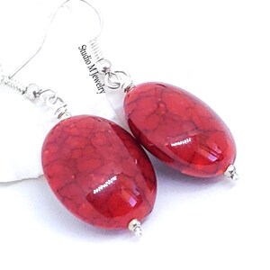 Black Marbled Red Earrings, Red Dangle Earrings, Unique Red Drop Earrings, Red Wedding Jewelry, Holiday Party Jewelry Gift (E743)