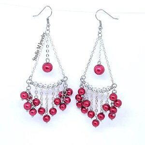 Red Chandelier Earrings, Long Statement Earrings, Red Glass Pearl Dangles, Bold Red Jewelry, Holiday Jewelry Gift, Red Earrings (E1034)