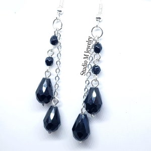 Black Teardrop Crystal Earrings, Midnight Black & Silver Dangle Earrings, Long Black Earring, Lightweight Black Jewelry, Holiday Gift (E398)
