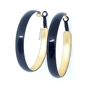 Big Black & Gold Hoop Earrings, Vintage Black Earrings, Unique 80&#39;s Jewelry, Minimalist Black Jewelry, Gold Earrings, Light Earrings (E1212)