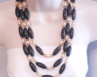 Chunky Brown & Champagne Bead Necklace, 3 Strand Beige Shell Necklace, Holiday Statement Necklace, Party Jewelry, Bold Necklace (N438)