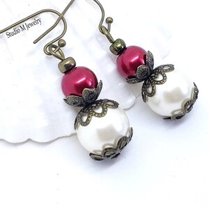 Red Pearl Earrings, Ivory Pearl Earrings, Minimalist Earrings, Bronze With Red Earrings, Wedding Jewelry Gift, Holiday Party Earrings (E98)