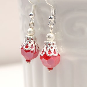Red Crystal Earrings, Silver Diamond Dust & Red Crystal Dangles, Valentines Jewelry, Wedding Earrings, Red Earrings, Holiday Gift (E734)
