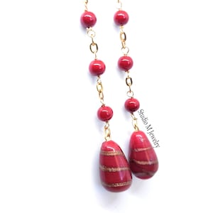 Red Coral Stone Dangle Earrings, Sparkly Gold Swirl Drop Earrings, Red Earrings, Holiday Jewelry Gift, Gold And Red Dangle Earrings (E207)