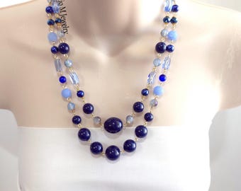 Shades Of Blue Necklace, Chunky Blue Crystal Necklace, 2 Strand Blue With Gold Necklace, Cobalt Blue Layered Necklace, Blue Christmas (N190)