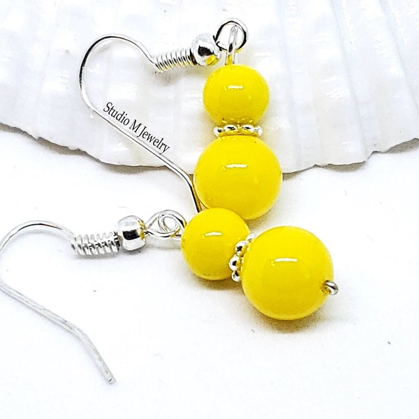 Yellow Earrings, Bright Yellow Earring Drops, Lemon Yellow Earring Dangles, Yellow & Silver Summer Earrings, Beach Party Earrings (E1052)