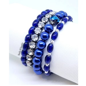 Navy Blue Bracelets, Blue And Silver Stretch Bracelet, 4 Loose Cobalt Blue Pearls Bead Stacking Bracelet Set, Holiday Party Gift (B61)