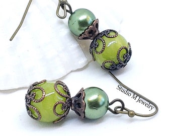 Lime Green Jade Stone With Bronze Dangle Earrings, Bronze & Lime Green Earrings, Christmas Green Jewelry, Minimalist Jewelry Gift (E1065)