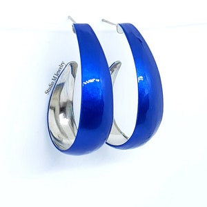 Big Blue Hoops, Navy Blue Earrings, Bold MOD Hoops, Rich Blue Statement Earrings, Unique Jewelry, Silver & Blue Hoop Earrings (E891)