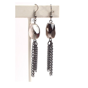 Gunmetal Chain Earrings, Platinum Silver Earrings, Metallic Silver And Black Drop Earrings, Black Earrings, Long Dangle Earrings (E324)