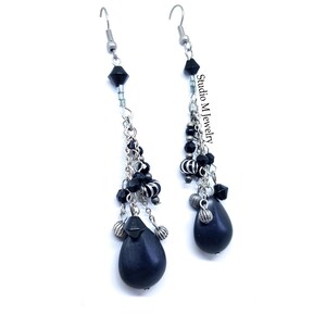 Antique Silver And Black Dangle Earrings, Black Teardrop Earrings, Black Earring, Antique Silver Party Earrings, Holiday Jewelry Gift (E303)