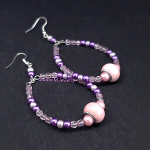 Pink And Purple Bead Hoops, Lavender Pearl Hoop Earrings, Barbiecore Pink Hoops, Purple Jewelry, Bold Hoop Dangles, Unique Jewelry (E89)