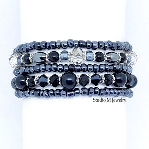 Black Crystal & Hematite Stone Stretch Bracelets, 5 Loose Stacking Bracelet Set, Smoky Crystal Jewelry, Black Pearl Jewelry Gift (B210)
