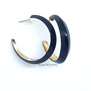 Black & Gold Hoop Earrings, Vintage Black Earrings, Black With Gold Hoop Earrings, Black Hoops, Gold Earrings, Everyday Earrings (E1206)