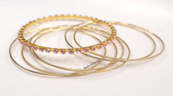 Crystal Bangle Bracelets, Vintage Thin Stacking B… - image 8