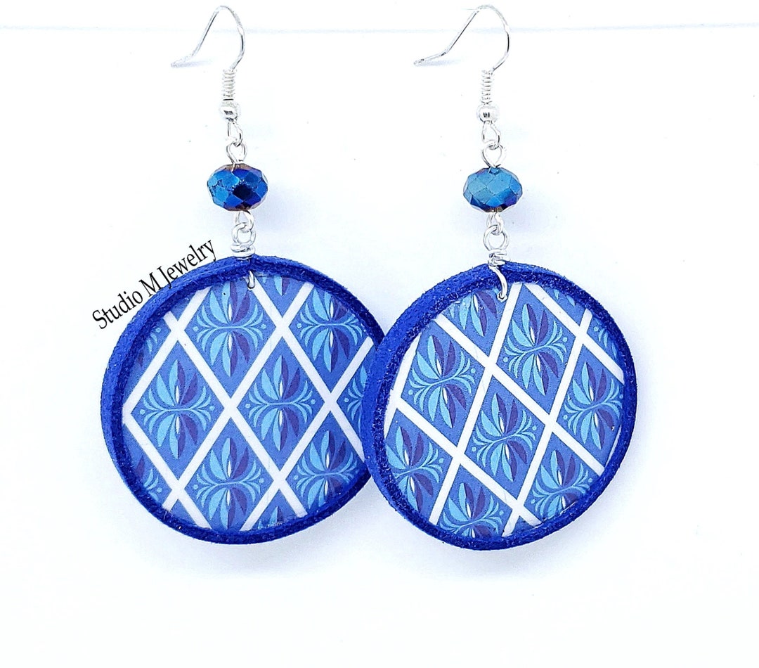 Blue Earrings White & Blue Paper Earring Dangles Leather Etsy UK