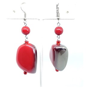 Chunky Mirrored Gunmetal Black & Red Earrings, Bold Dangle Earrings, Unique Jewelry, Holiday Party Jewelry Gift, Red Stone Earrings (E39)