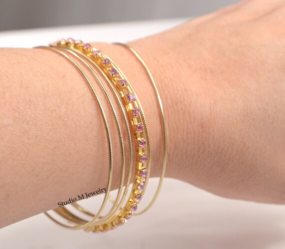 Crystal Bangle Bracelets, Vintage Thin Stacking B… - image 7