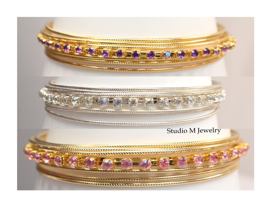 Crystal Bangle Bracelets, Vintage Thin Stacking B… - image 6