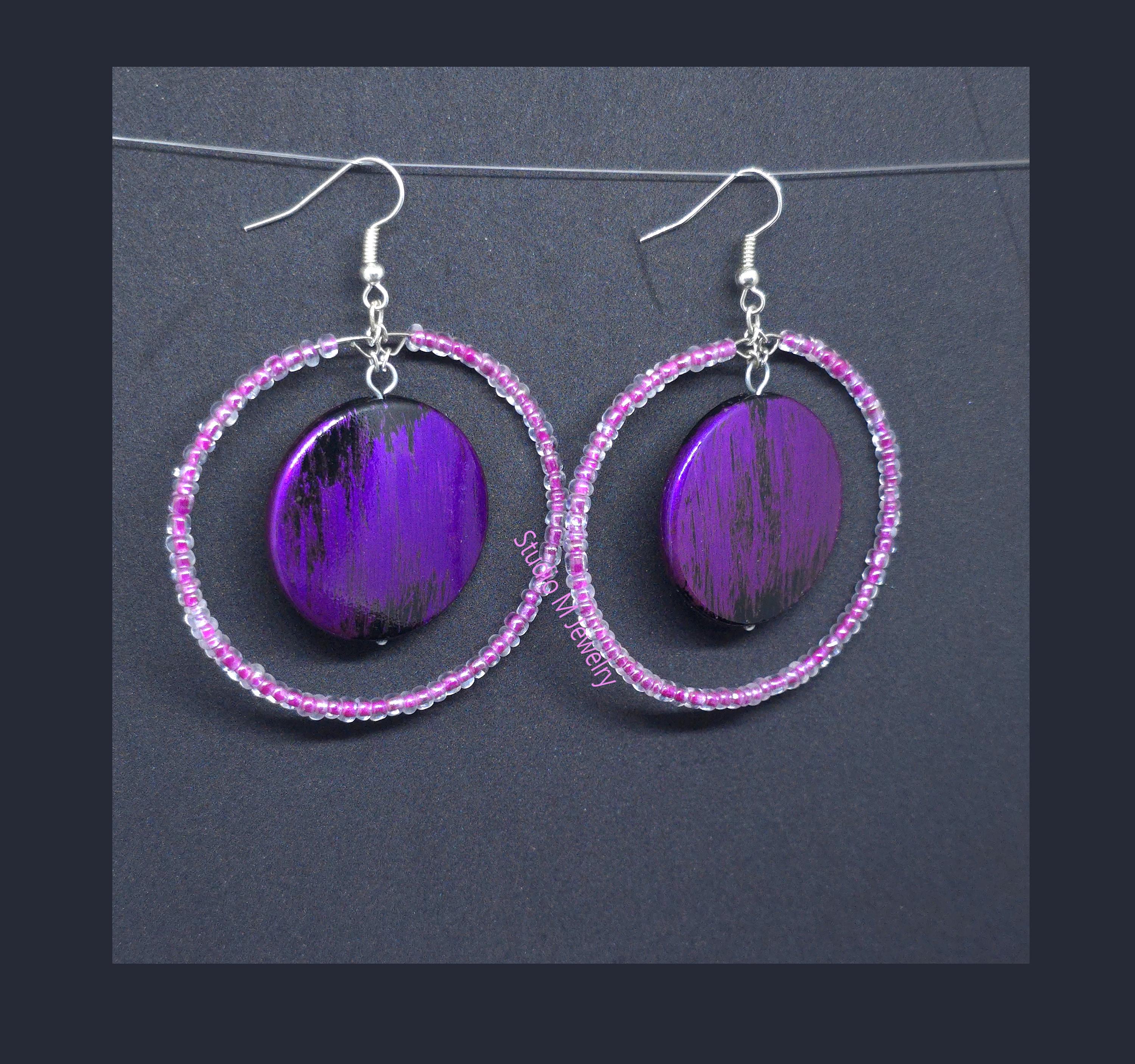 【BLACKPURPLE】23FW★ Eldora two-way earrings L Pink and Purple Earrings, Black Brushed Purple Disc Earrings