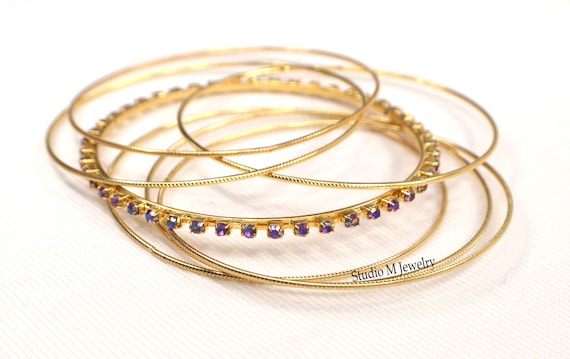 Crystal Bangle Bracelets, Vintage Thin Stacking B… - image 2