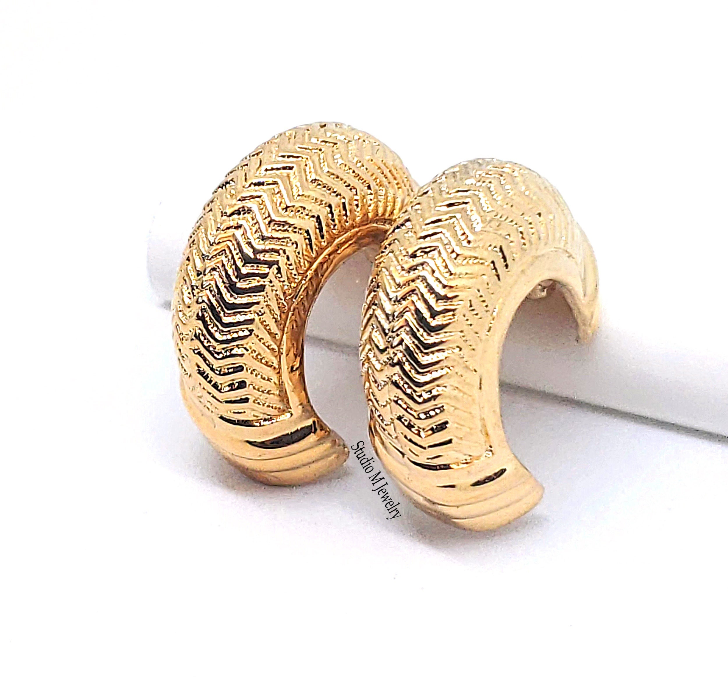 Thick Gold Hoop Earrings, Vintage Chunky Hoops, Unique Gold