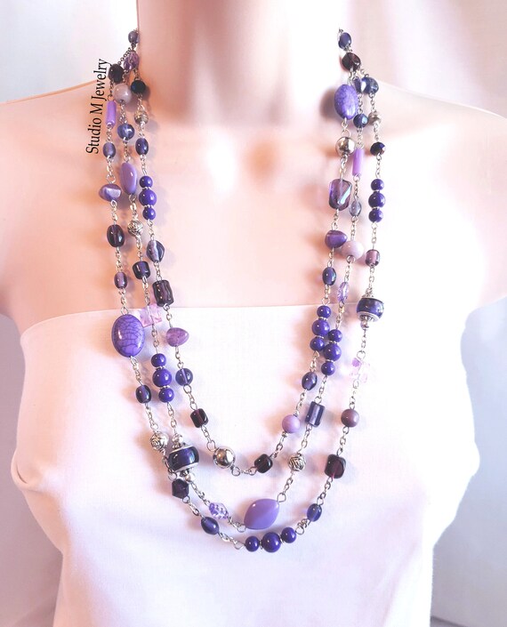 Long Purple Necklace 3 Strand Light Dark Purple Necklace