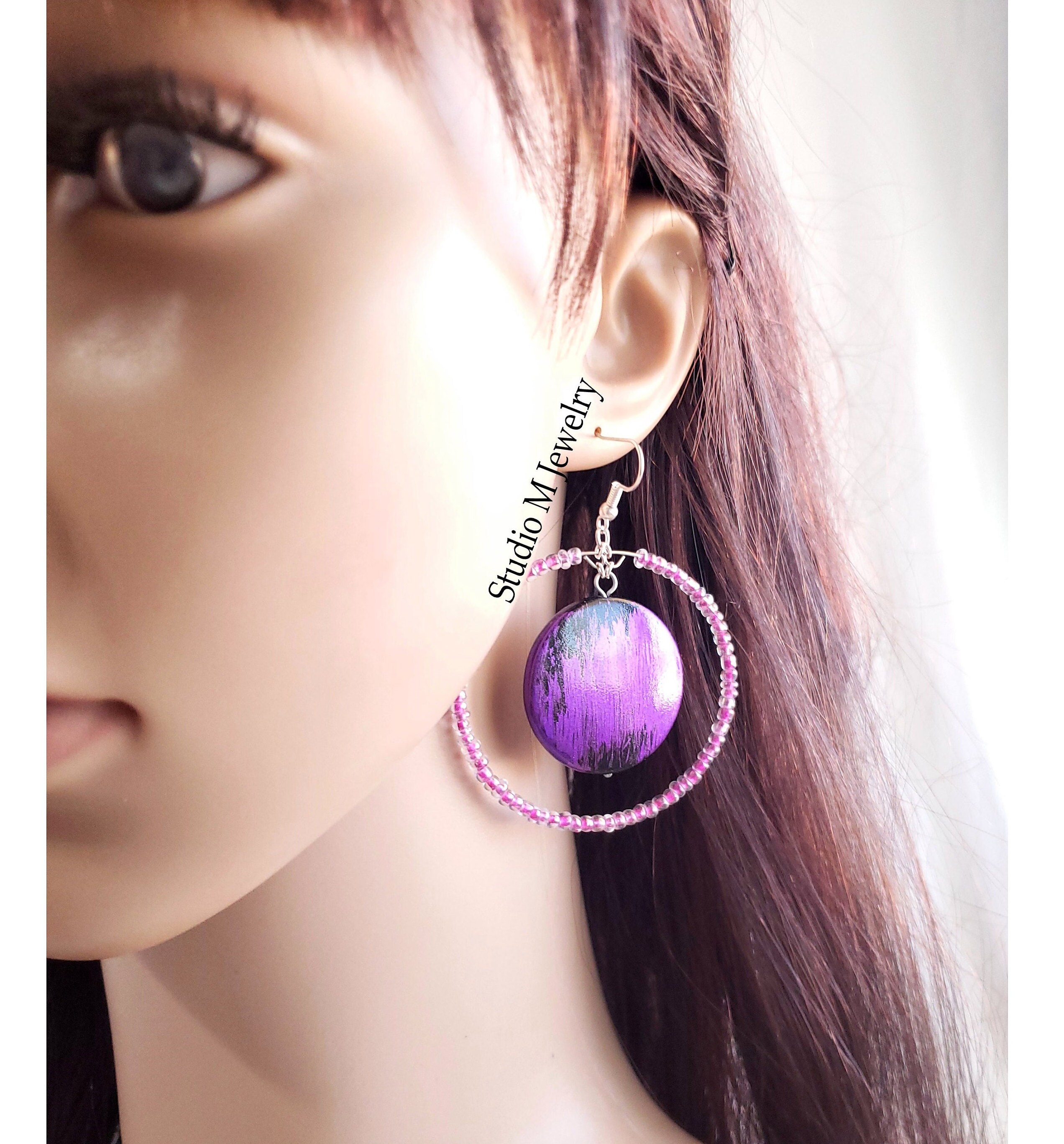 Pink and Purple Earrings, Black Brushed Purple Disc Earrings