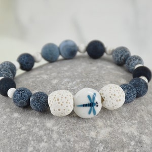 DRAGONFLY AROMATHERAPY ENERGY Bracelet,  Dragonfly Bead with Essential Oil Lava Beads, Blue and White Tones