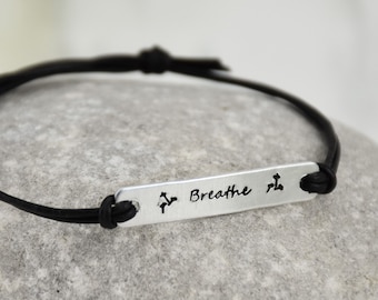BREATHE Bracelet - Stamped Metal Inspirational Mantra Message, Adjustable Cord