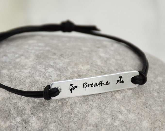 BREATHE Bracelet - Inspirational message stamped on metal, motivational word quote, personal affirmation mantra on adjustable cord bracelet