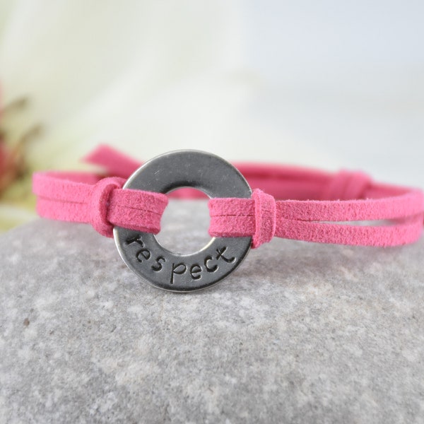 RESPECT Bracelet - Inspirational message, word quote, motivational mantra, personal affirmation, stamped metal, adjustable cord bracelet