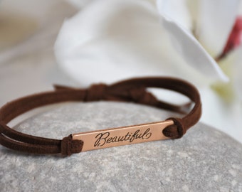 BEAUTIFUL Bracelet - Inspirational message stamped on metal charm, adjustable cord bracelet