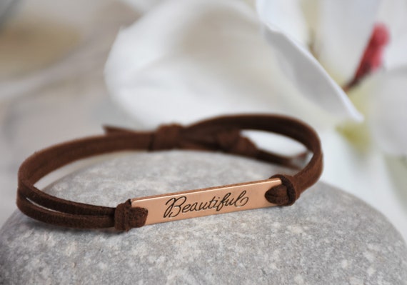 BEAUTIFUL Bracelet - Inspirational message stamped on metal charm, adjustable cord bracelet