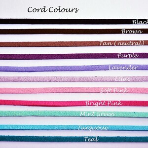 May include: A selection of cord colors, including black, brown, tan, purple, lavender, lilac, soft pink, bright pink, mint green, turquoise, and teal.
