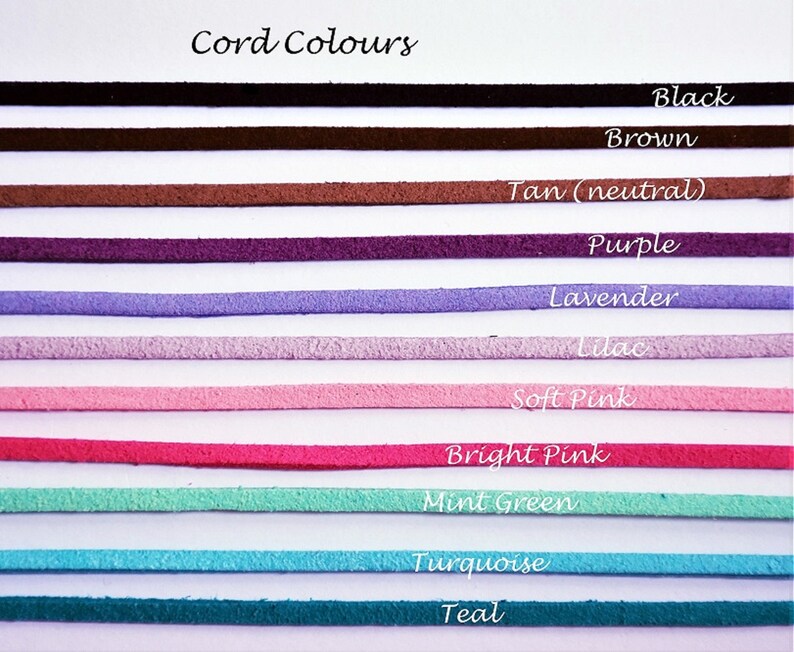 May include: A selection of cord colors, including black, brown, tan, purple, lavender, lilac, soft pink, bright pink, mint green, turquoise, and teal.