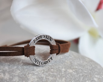 INTEGRITY Bracelet: Hand Stamped Affirmation Ring , Adjustable Faux Suede Cord