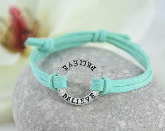 BELIEVE Bracelet - Stamped Metal Inspirational Mantra Message, Adjustable Cord