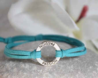 PASSION Bracelet: Inspirational  Stamped Metal Affirmation, Adjustable Faux Suede Cord