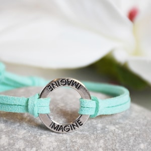 IMAGINE Bracelet - Inspirational message, word quote, motivational mantra, affirmation, stamped metal saying, cord bracelet, washer