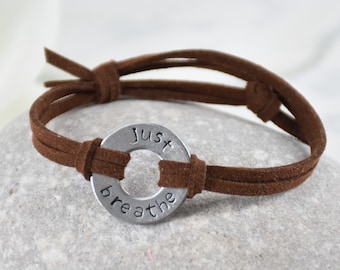 JUST BREATHE Bracelet: Stamped Metal Ring, Adjustable Faux Suede Cord