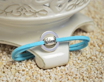 BELIEVE Bracelet - Inspirational word charm on leather cord bracelet