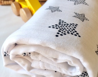 Stor muslinfilt för baby, stor muslinfilt, stjärnor i muslin, dubbel gasbinda, nyfödd, present till nybliven mamma, babyshower