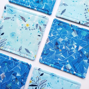 Reversible Xmas Coaster Set - Double-sided Festive Coasters - Pure Cotton Fabric Coasters - Christmas Decor - Aqua Blue Foliage - Blue Frost