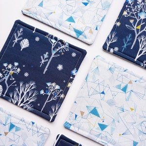 Reversible Xmas Coasters Set - Double-sided Festive Coasters - Pure Cotton Fabric Coasters - Christmas Decor - White Foliage - Blue Frost