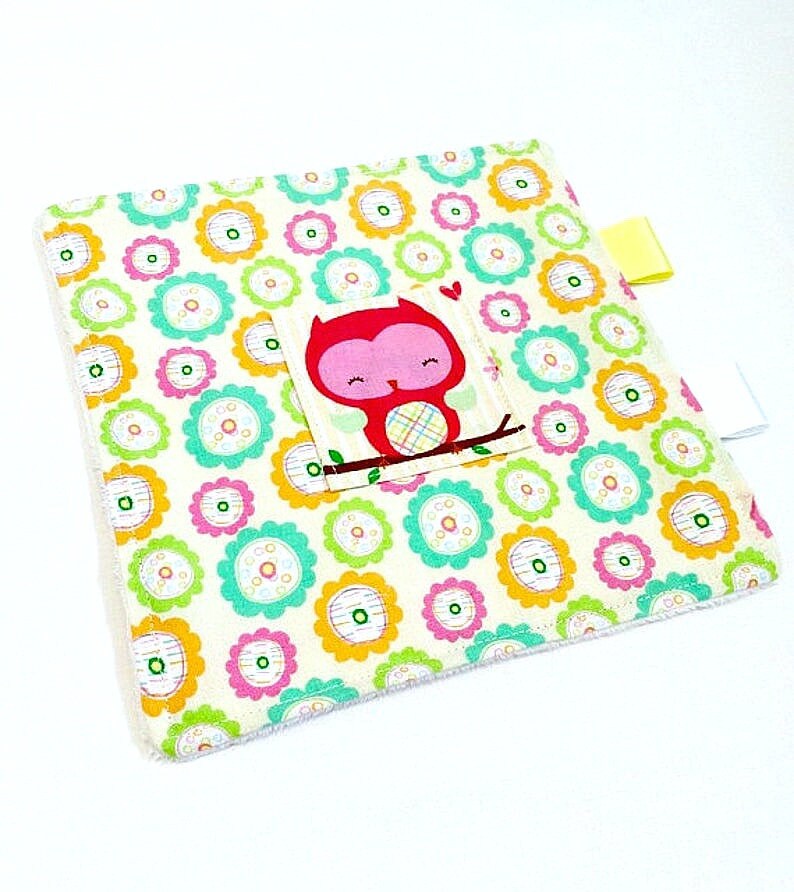 Baby Comforter, newborn sensory toy, owl appliqu&eacute;d, security blanket for baby, snuggly soft b