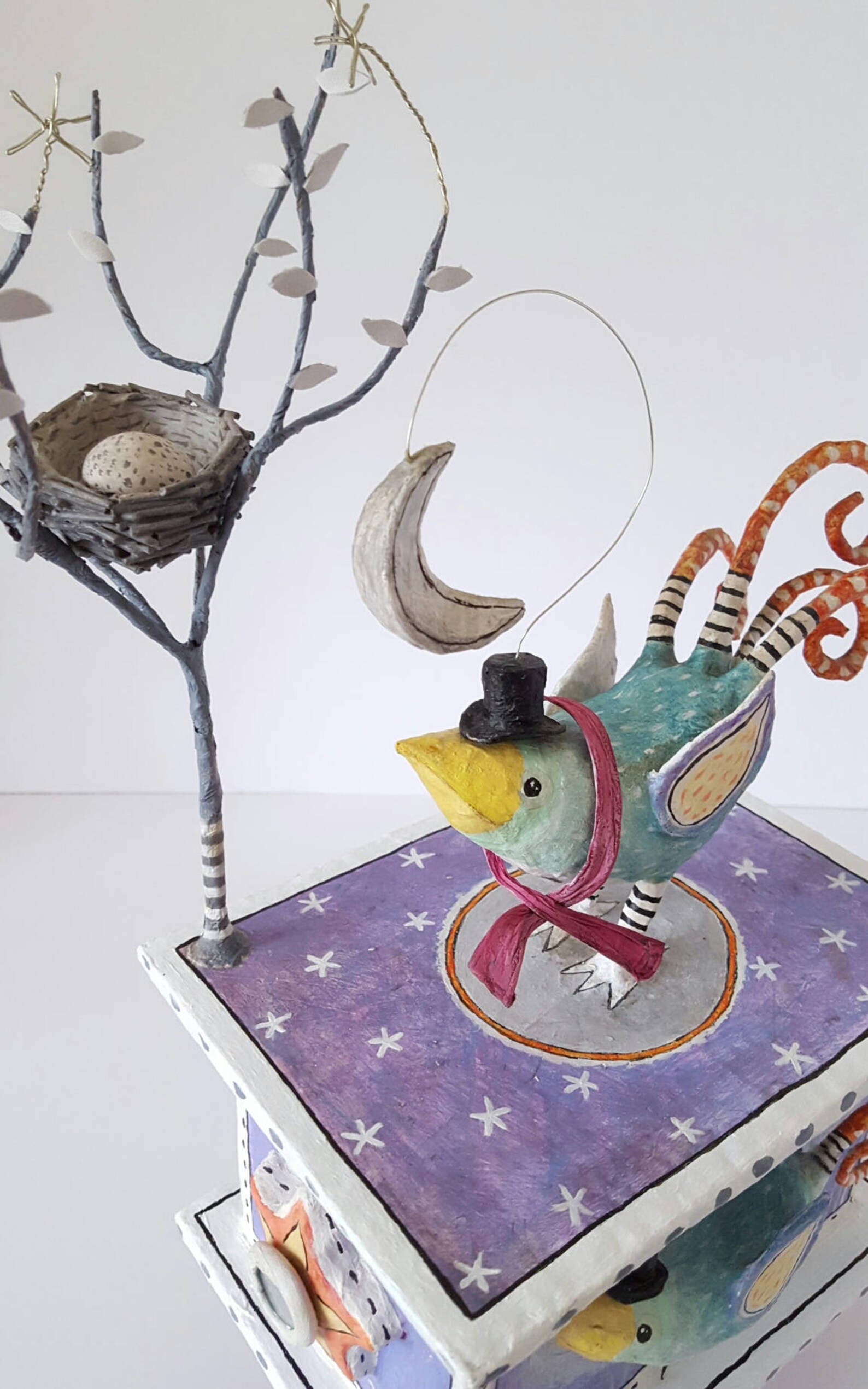 Papier Mache Box Bird Sculpture. Bird With Warm Scarf Nest Etsy